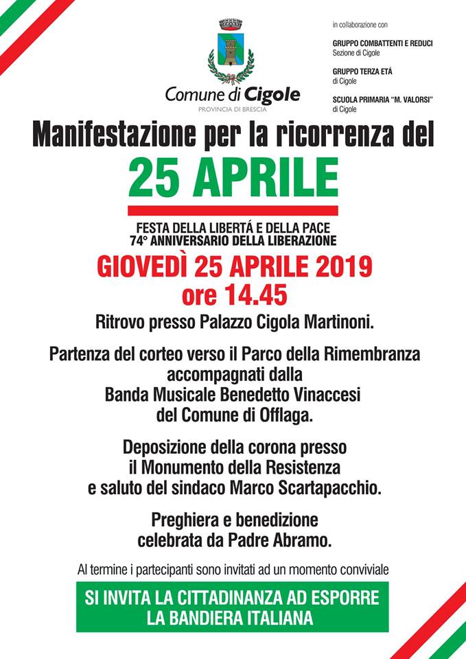 25 Aprile 2019: 74° Anniversario della liberazione